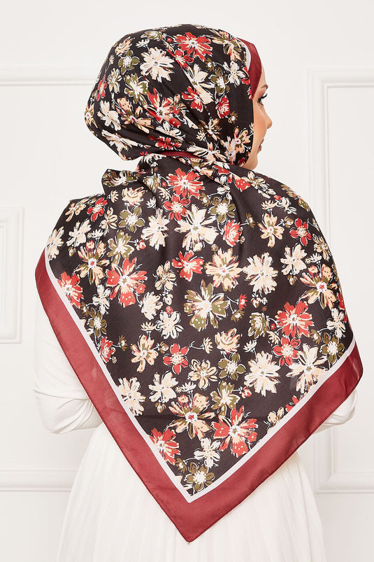 Scialle Hijab con motivo a crisantemo, bordeaux