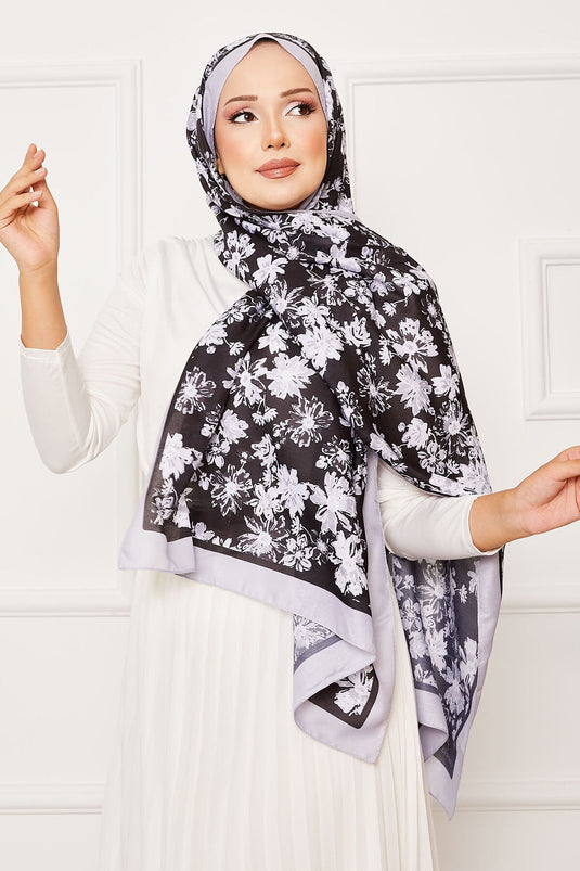 Scialle Hijab con motivo a crisantemo grigio