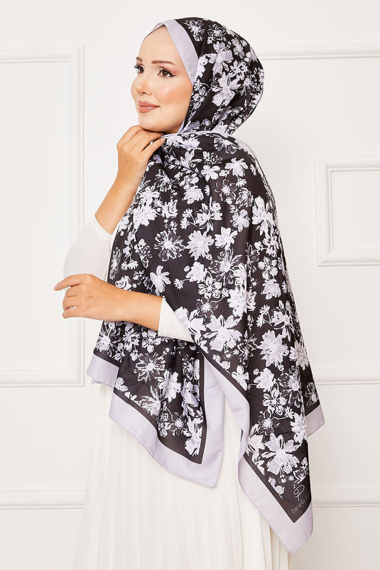 Scialle Hijab con motivo a crisantemo grigio