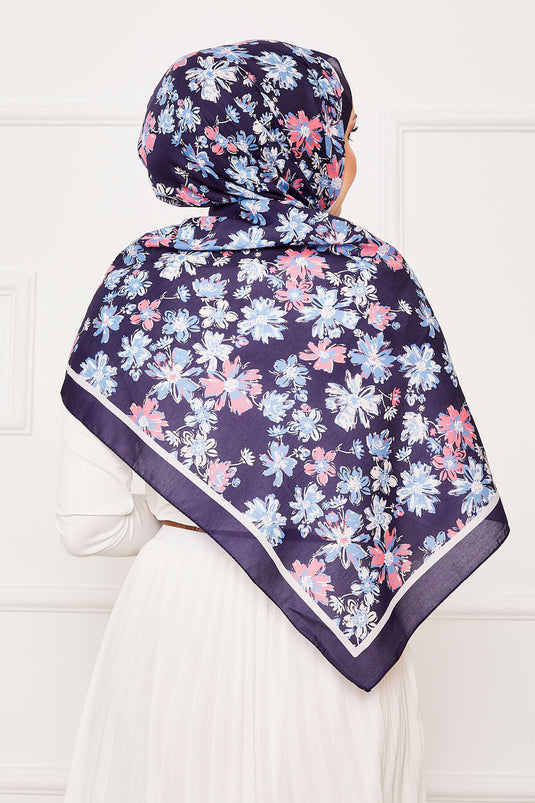 Chrysanthemum Pattern Hijab Shawl Navy Blue