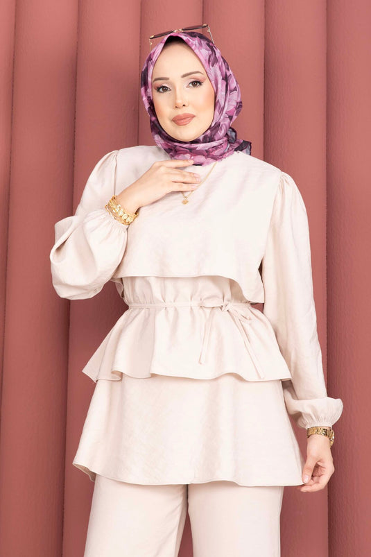 Kat Kat Drawstring Detail Two-Piece Modest Fashion Set Beige