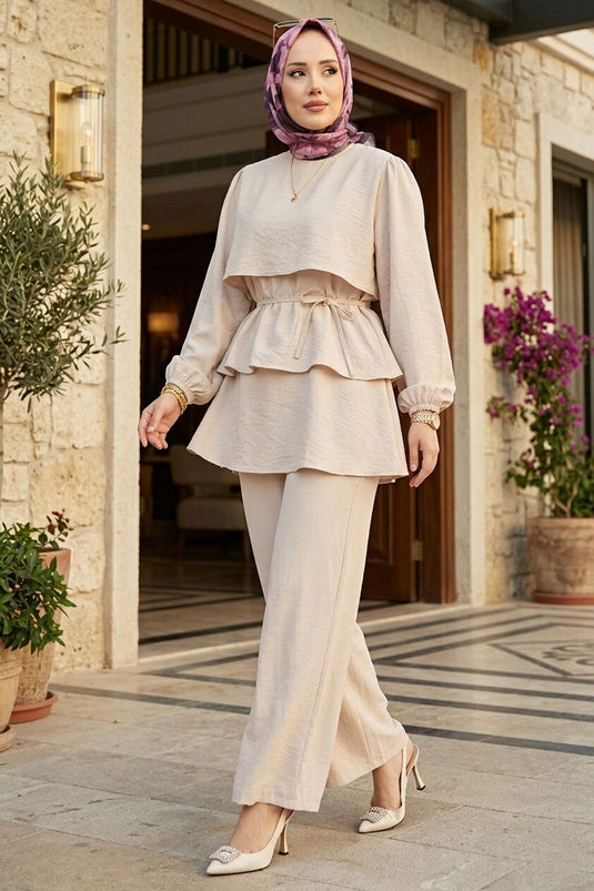 Kat Kat Drawstring Detail Two-Piece Modest Fashion Set Beige