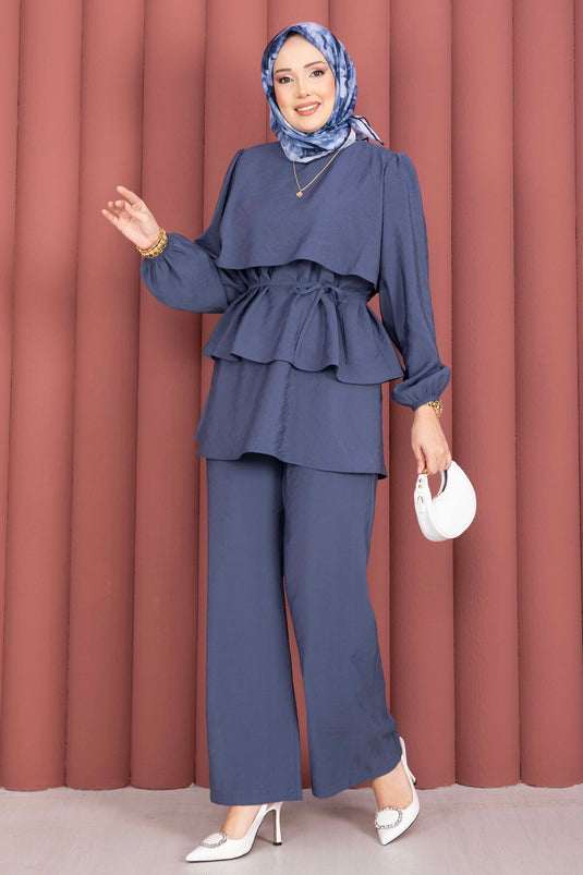 Kat Kat Schnürdetail Zweiteiliges Modest Fashion Set Indigo