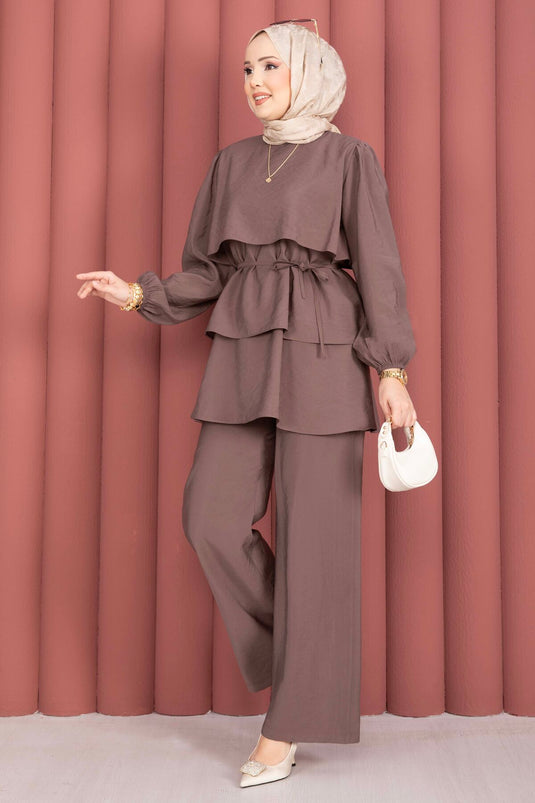 Kat Kat Drawstring Detail Two-Piece Modest Fashion Set Brown