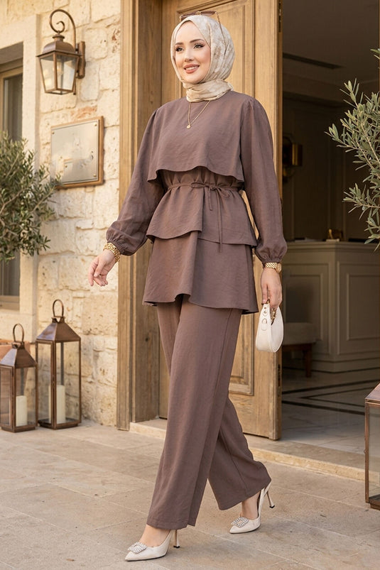 Kat Kat Drawstring Detail Two-Piece Modest Fashion Set Brown