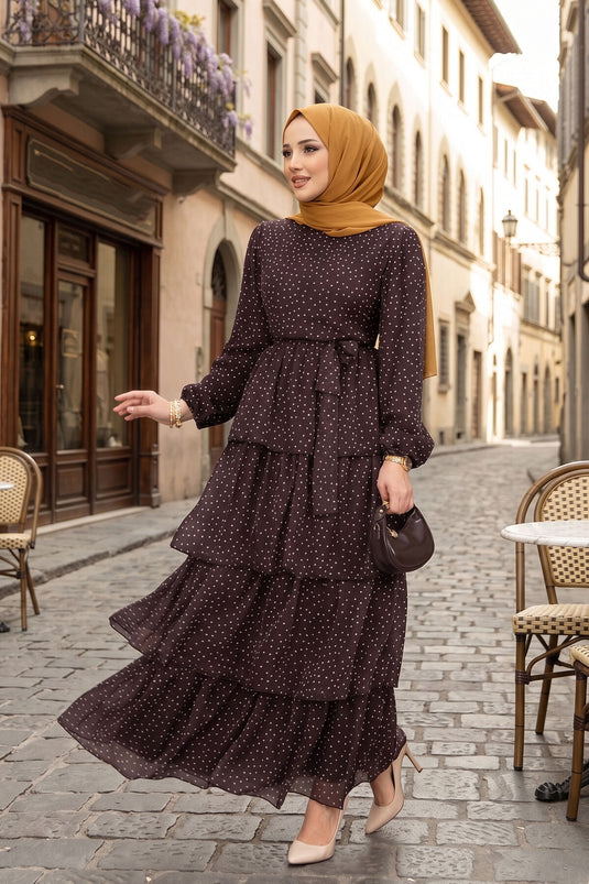 Kat Kat Beli Kuşaklı Puantiyeli Elbise Kahve