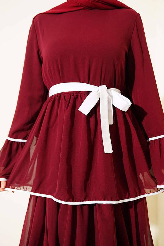 Robe en chiffon bordeaux avec ceinture à volants Kat Kat