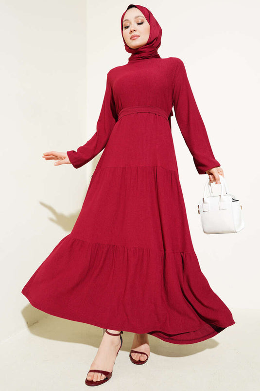 Layered Crepe Belted Dress, Burgundy