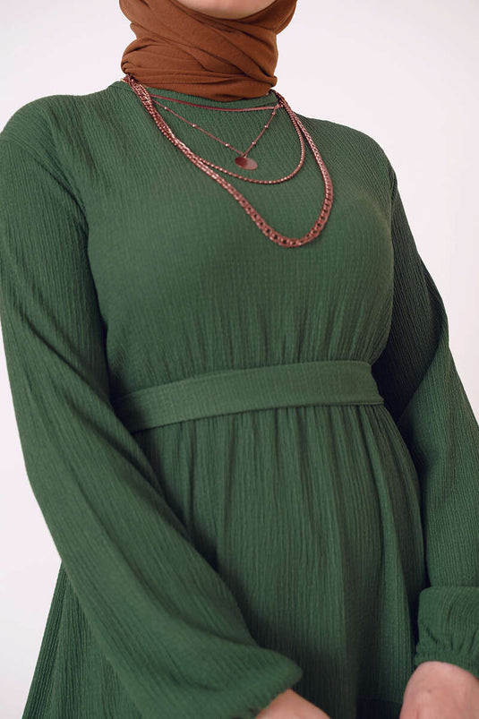 Kat Kat Bürümcük Kuşaklı Elbise Haki