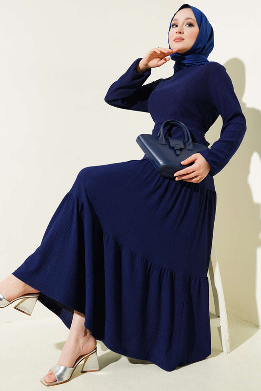 Layered Crepe Belted Dress Navy Blue