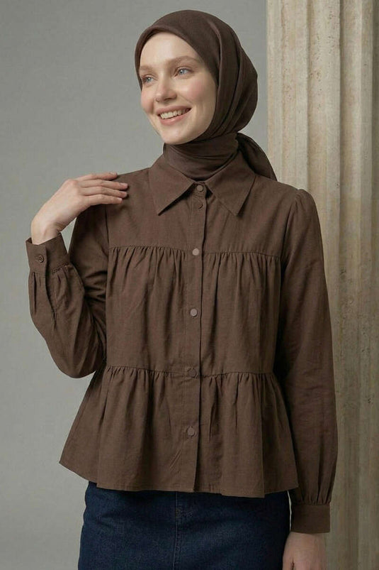 Kat Kat Detailed Shirred Shirt Coffee