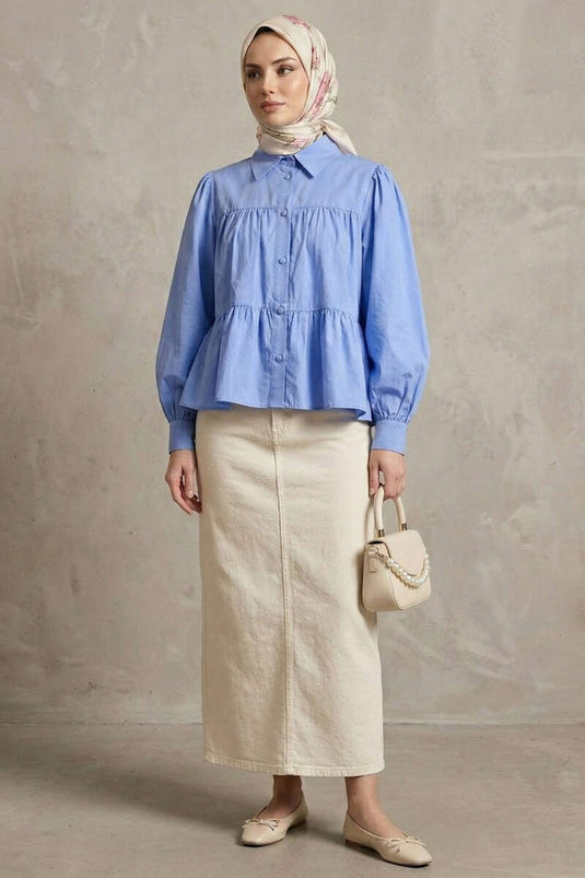 Shirt with Layered Gathered Details Blue