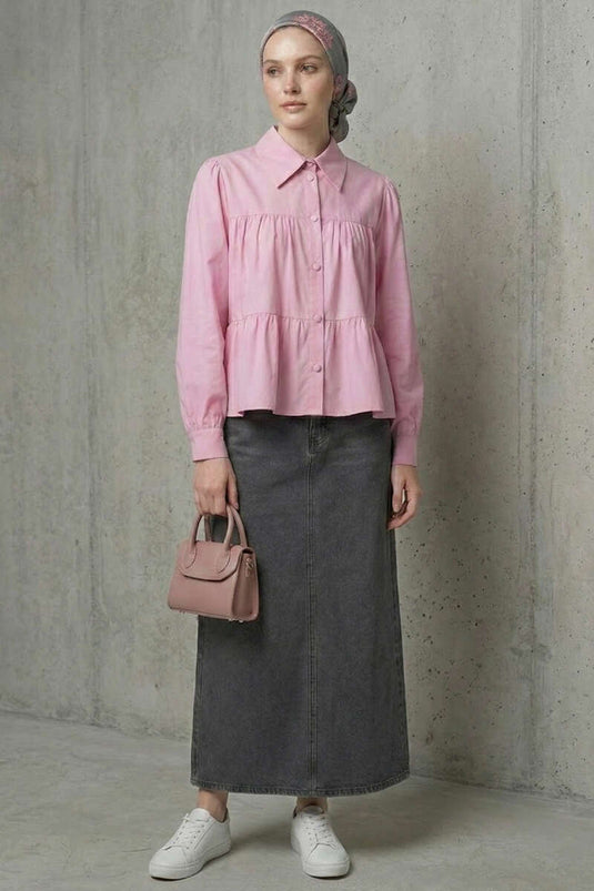 Pink Shirt with Layered Ruffle Details and Shirring