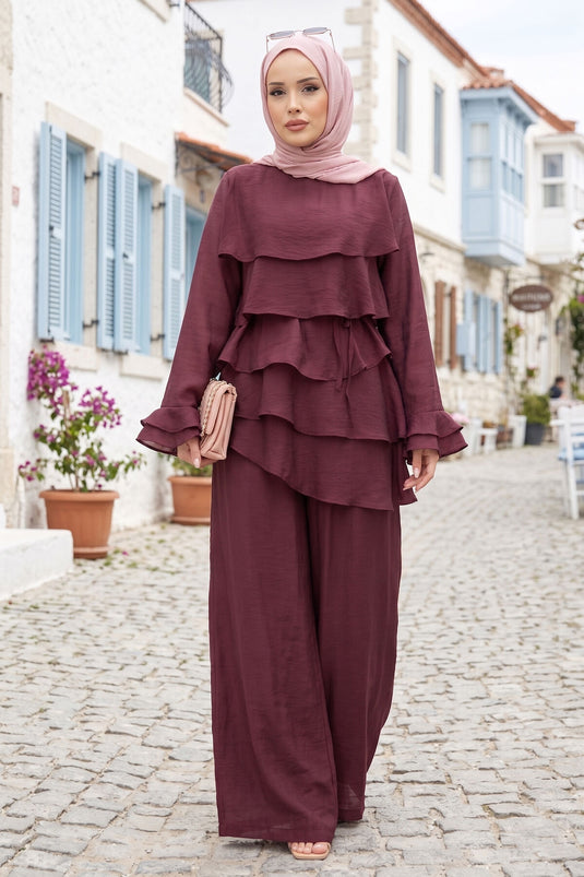 Kat Kat Ruffled Tunic and Pants Set Burgundy