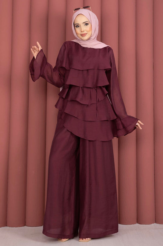 Kat Kat Ruffled Tunic and Pants Set Burgundy