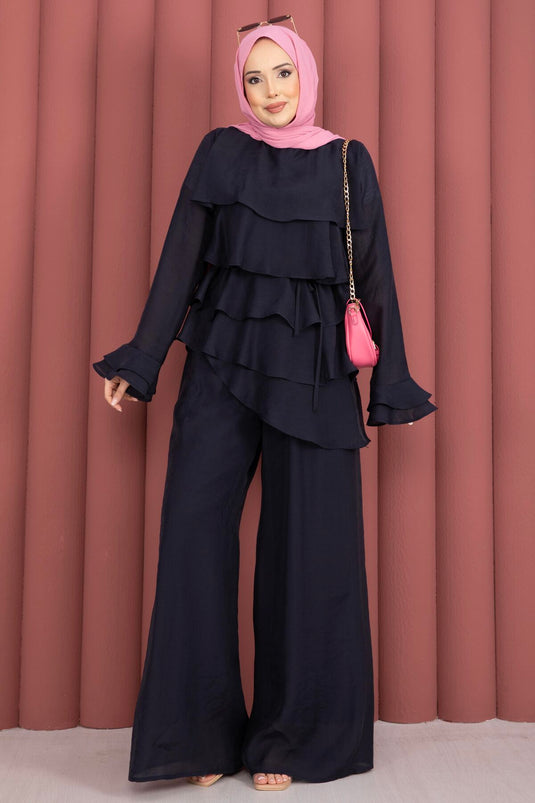 Ensemble deux pièces tunique à volants et pantalon Kat Kat bleu marine