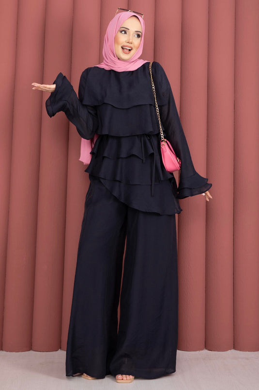 Ensemble deux pièces tunique à volants et pantalon Kat Kat bleu marine