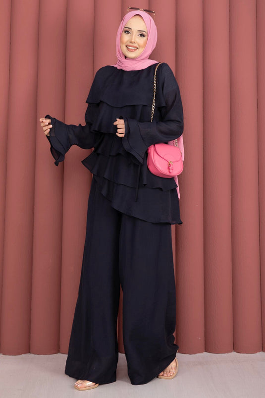 Ensemble deux pièces tunique à volants et pantalon Kat Kat bleu marine