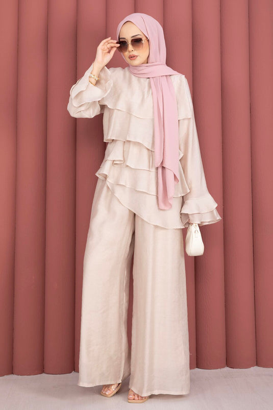 Ensemble deux pièces tunique à volants et pantalon Kat Kat couleur pierre