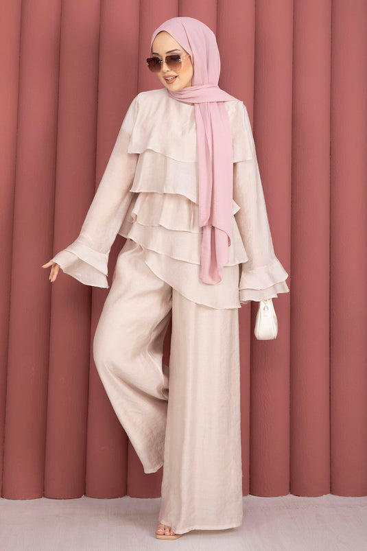 Ensemble deux pièces tunique à volants et pantalon Kat Kat couleur pierre