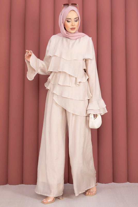 Ensemble deux pièces tunique à volants et pantalon Kat Kat couleur pierre