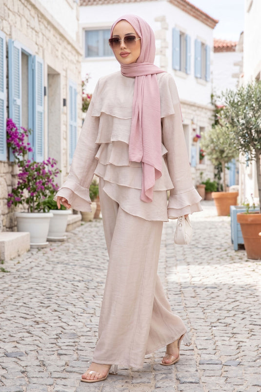 Ensemble deux pièces tunique à volants et pantalon Kat Kat couleur pierre