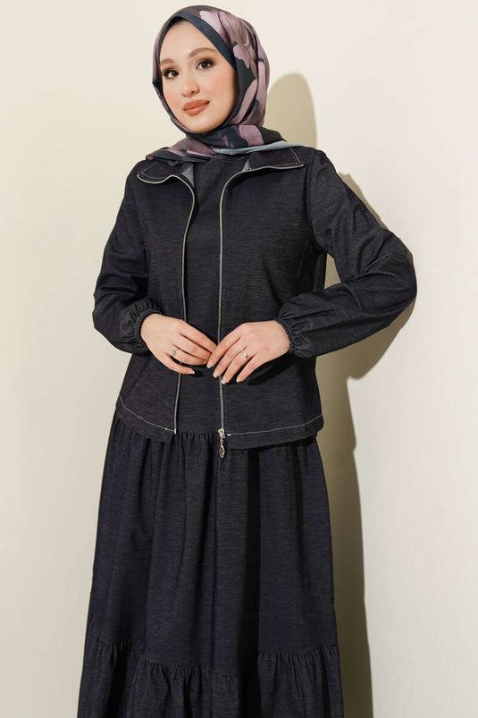 Kat Kat Pleated Jacket Denim Two-Piece Set Navy Blue