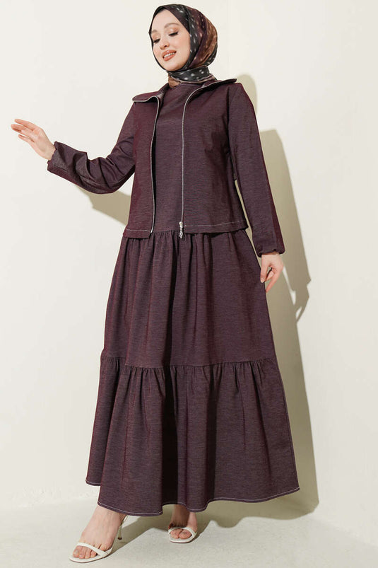 Kat Kat Pleated Jacket Denim Two-Piece Set Burgundy