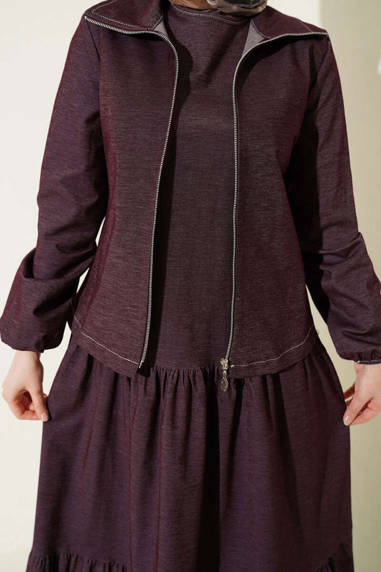 Kat Kat Pleated Jacket Denim Two-Piece Set Burgundy