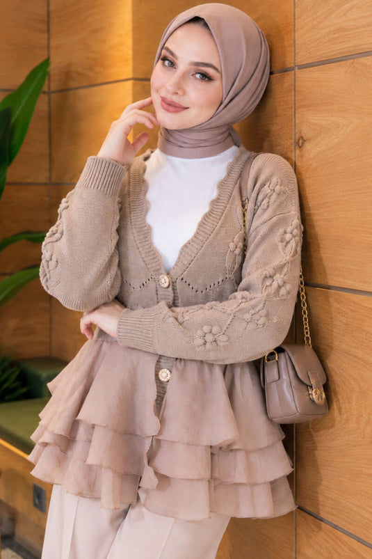 Beige Blumenstrick-Cardigan Mit Tüll-Details
