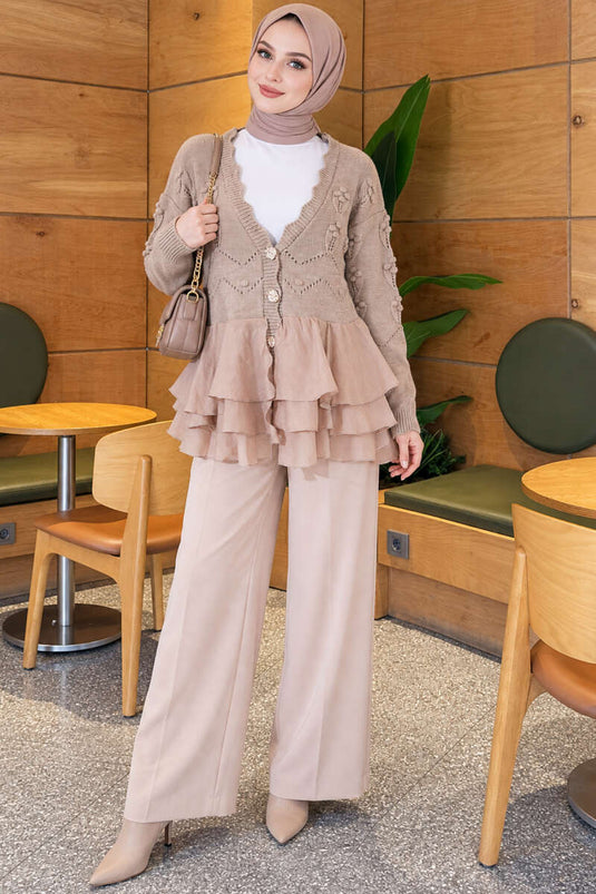 Beige Blumenstrick-Cardigan Mit Tüll-Details