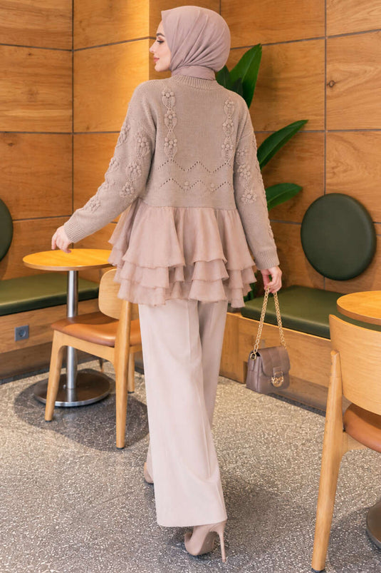 Beige Blumenstrick-Cardigan Mit Tüll-Details