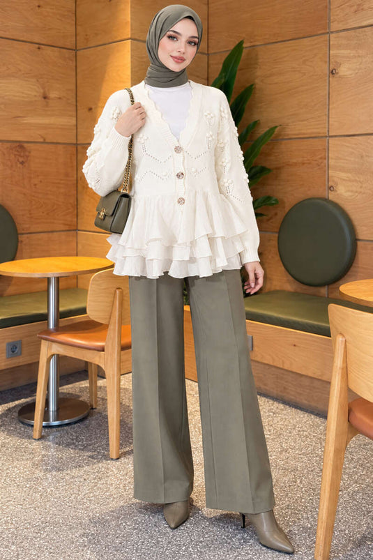 Transparente Blumen-Strick-Cardigan Mit Tüll In Ecru