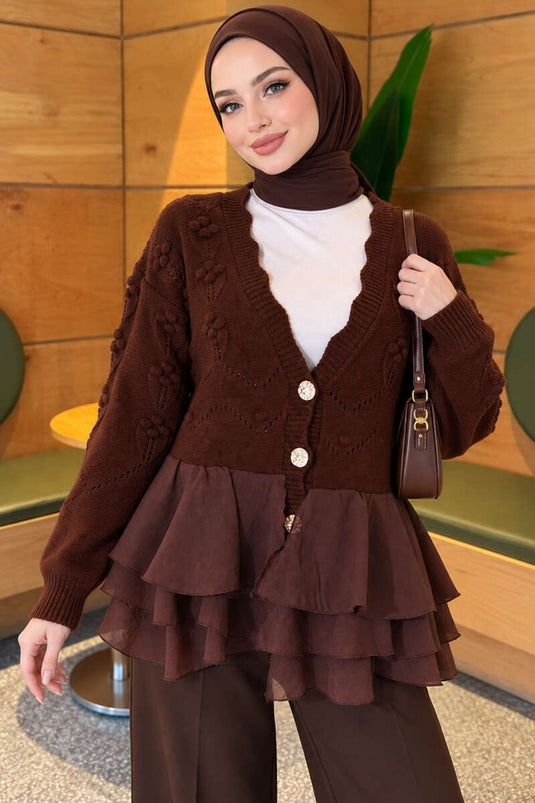 Braune Durchsichtige Blumen-Strickjacke