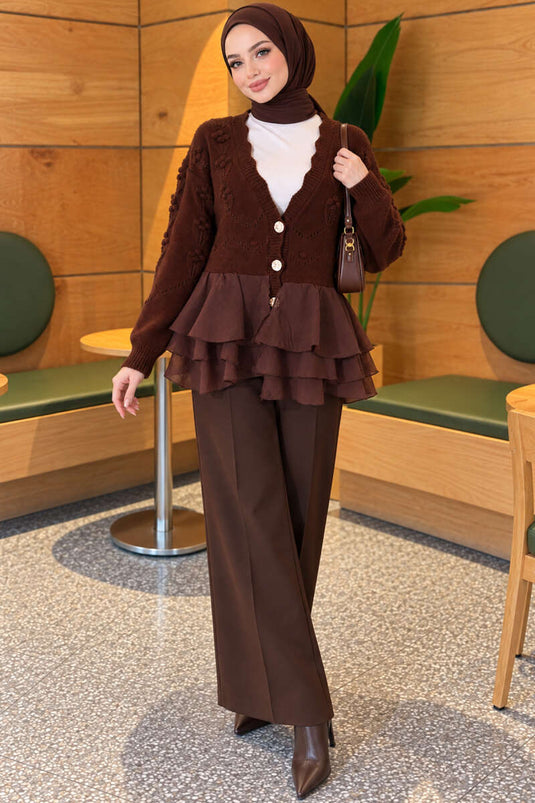 Braune Durchsichtige Blumen-Strickjacke