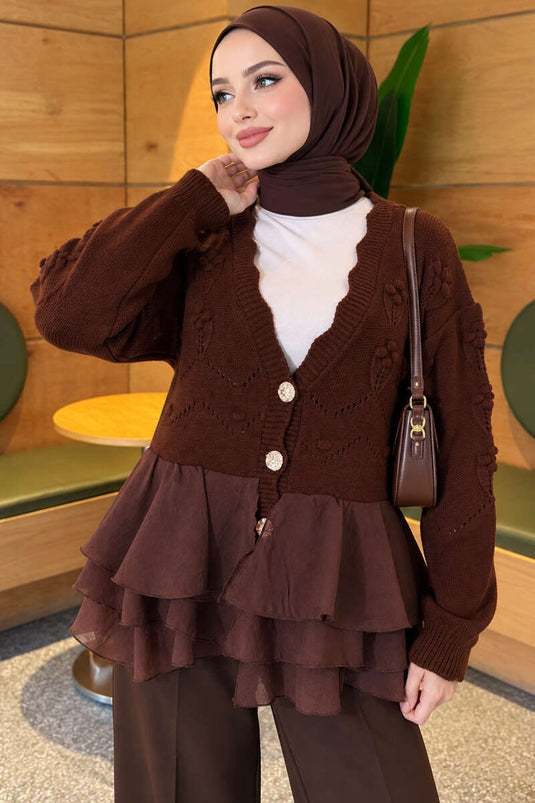 Braune Durchsichtige Blumen-Strickjacke