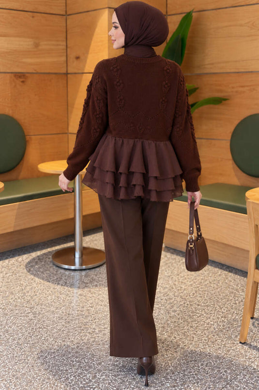 Braune Durchsichtige Blumen-Strickjacke