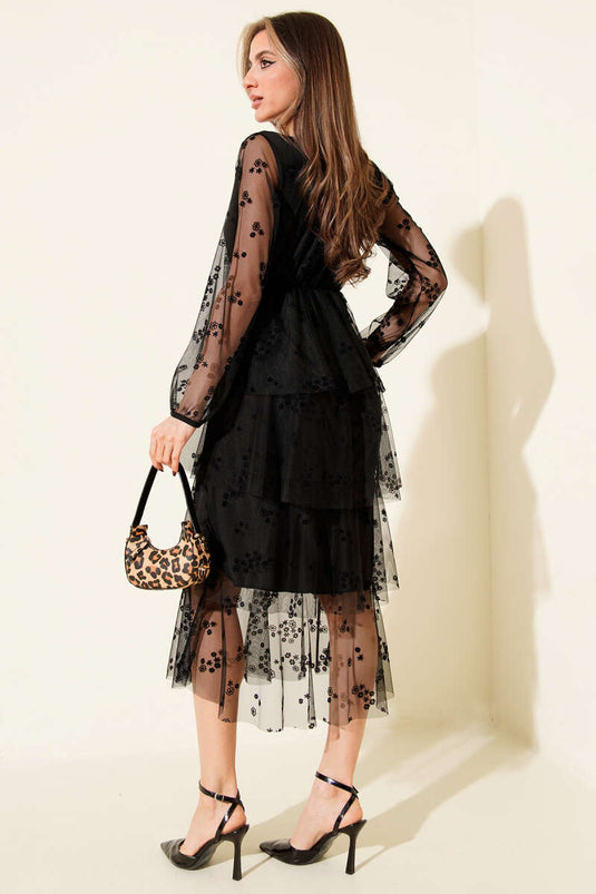 Kat Kat Tüllü Midi Elbise Siyah