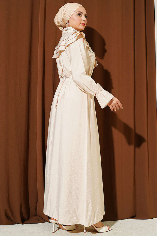 Kat Yakalı Beli Lastikli Kuşaklı Elbise Bej