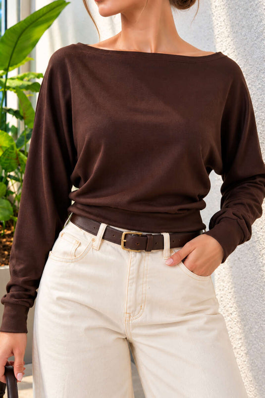 Blusa Basic A Collo Barco In Caffè