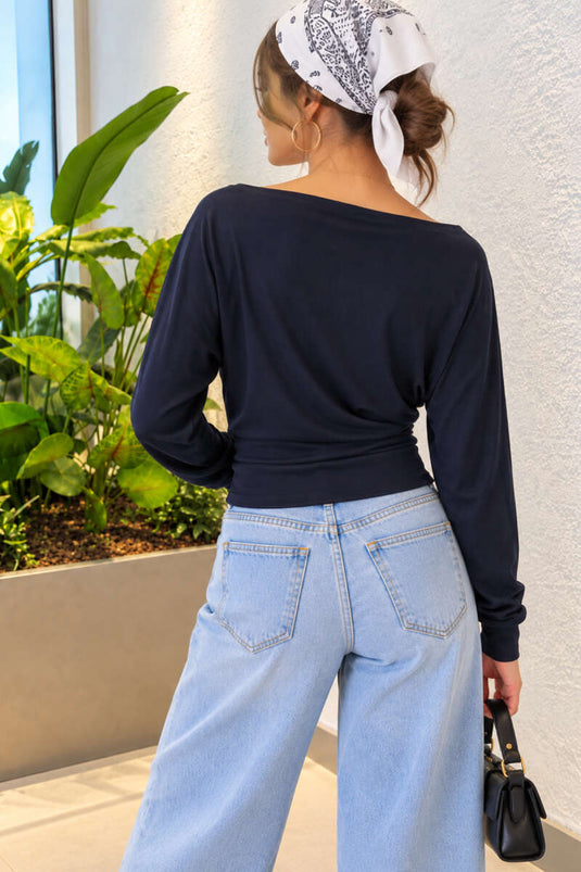 Blusa Basic Con Collo A Barca Blu Navy