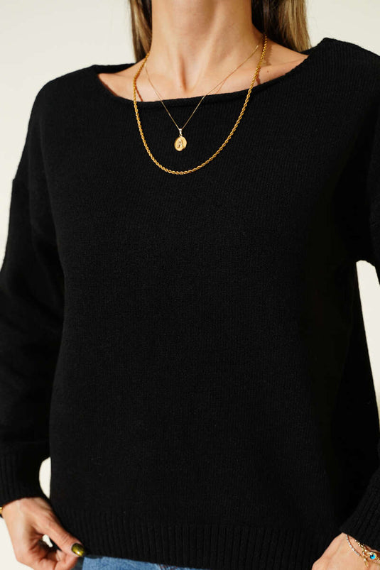 Kayık Yaka Basic Triko Kazak Siyah