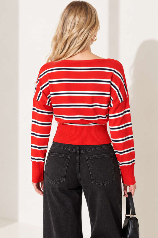 Rotes Gestreiftes Stricktop Mit Boot-Ausschnitt