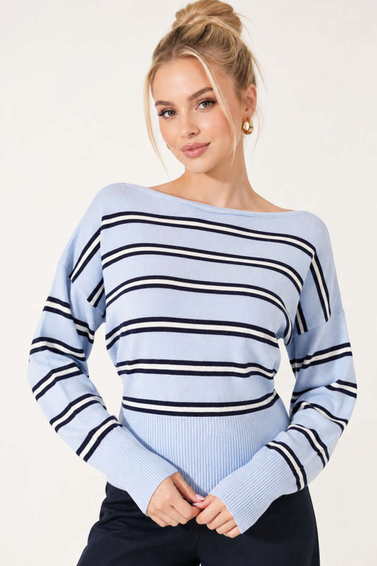 Blaue Gestreifte Strickbluse Mit Boot-Ausschnitt