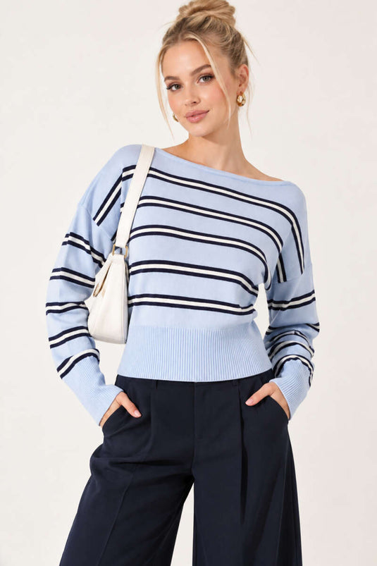 Blaue Gestreifte Strickbluse Mit Boot-Ausschnitt