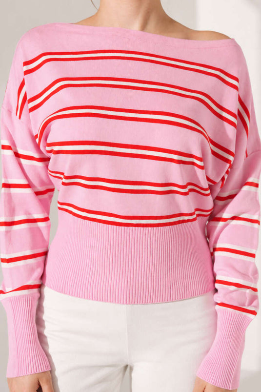 Gestreifte Strickbluse Mit Boot-Ausschnitt Rosa