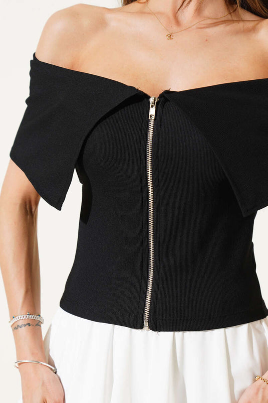 Boat Neck Zippered Blouse Black