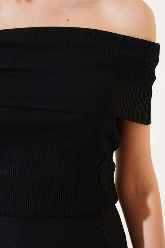 Geribbelde blouse met boothals, zwart