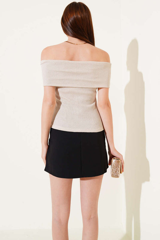 Boothals geribbelde blouse steen