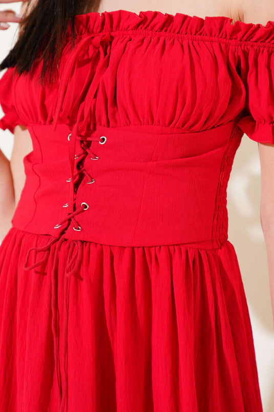 Boat Neck Eyelet Detailed Dress Red